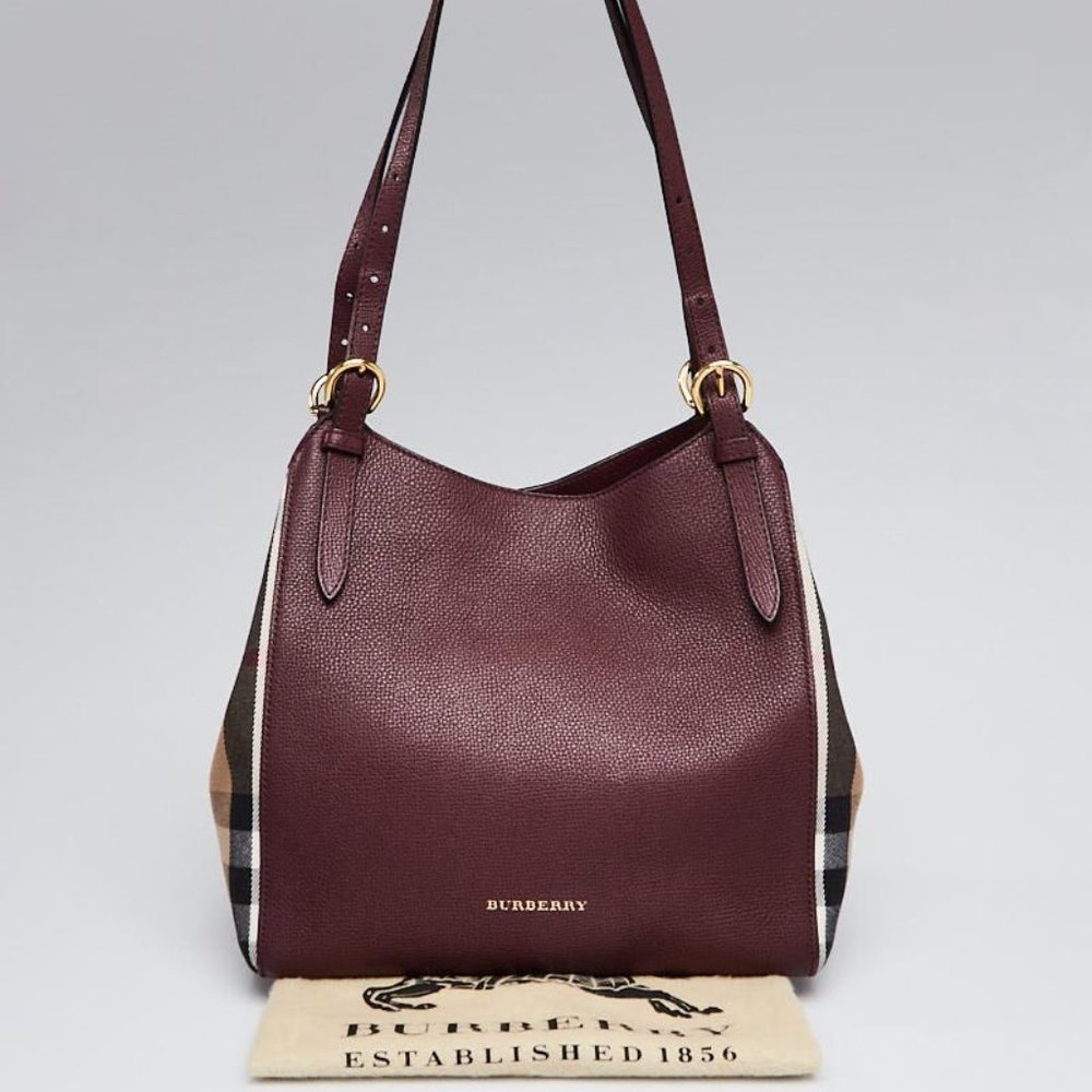 SOLD💗Burberry Burgundy Leather & House Check Tote
